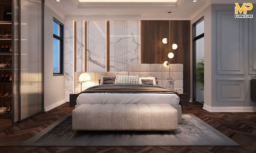 Giường ngủ không gầm bọc nỉ kiểu Ý