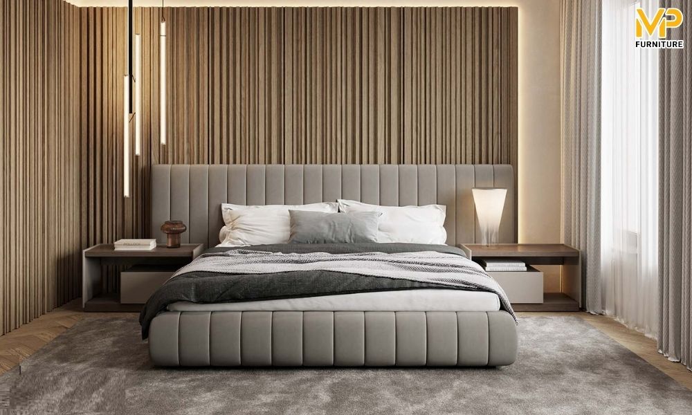 Giường ngủ bọc nỉ màu xám