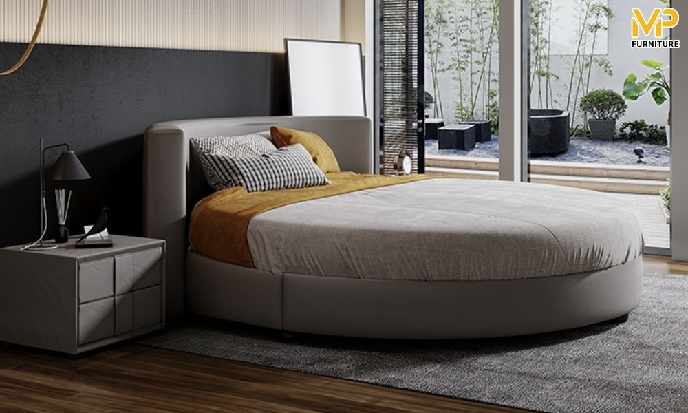 Giường xám tròn bọc nỉ mềm mại