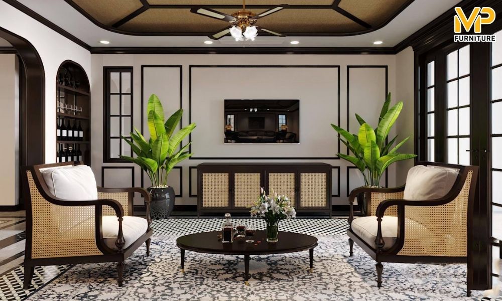 Kệ tivi Indochine gỗ kết hợp mây