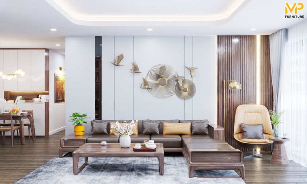 Sofa chữ L gỗ óc chó 